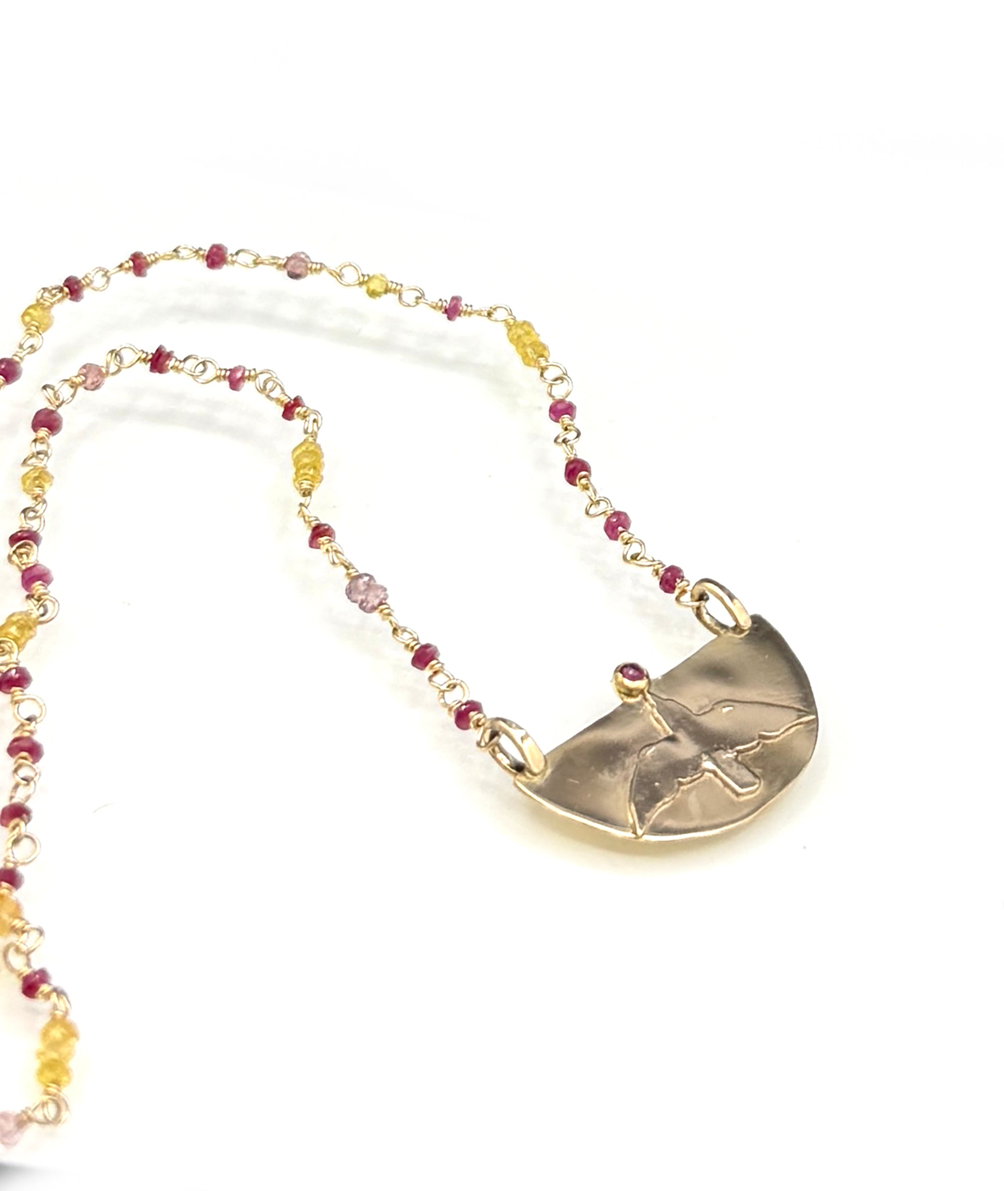 The Gift Necklace, Bird Carrying a Ruby with Chain of Rubies, Sapphire and Spinel in 14K Solid Gold, One of a Kind