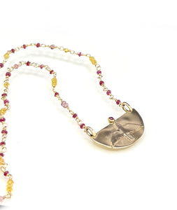 The Gift Necklace, Bird Carrying a Ruby with Chain of Rubies, Sapphire and Spinel in 14K Solid Gold, One of a Kind