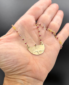 The Gift Necklace, Bird Carrying a Ruby with Chain of Rubies, Sapphire and Spinel in 14K Solid Gold, One of a Kind
