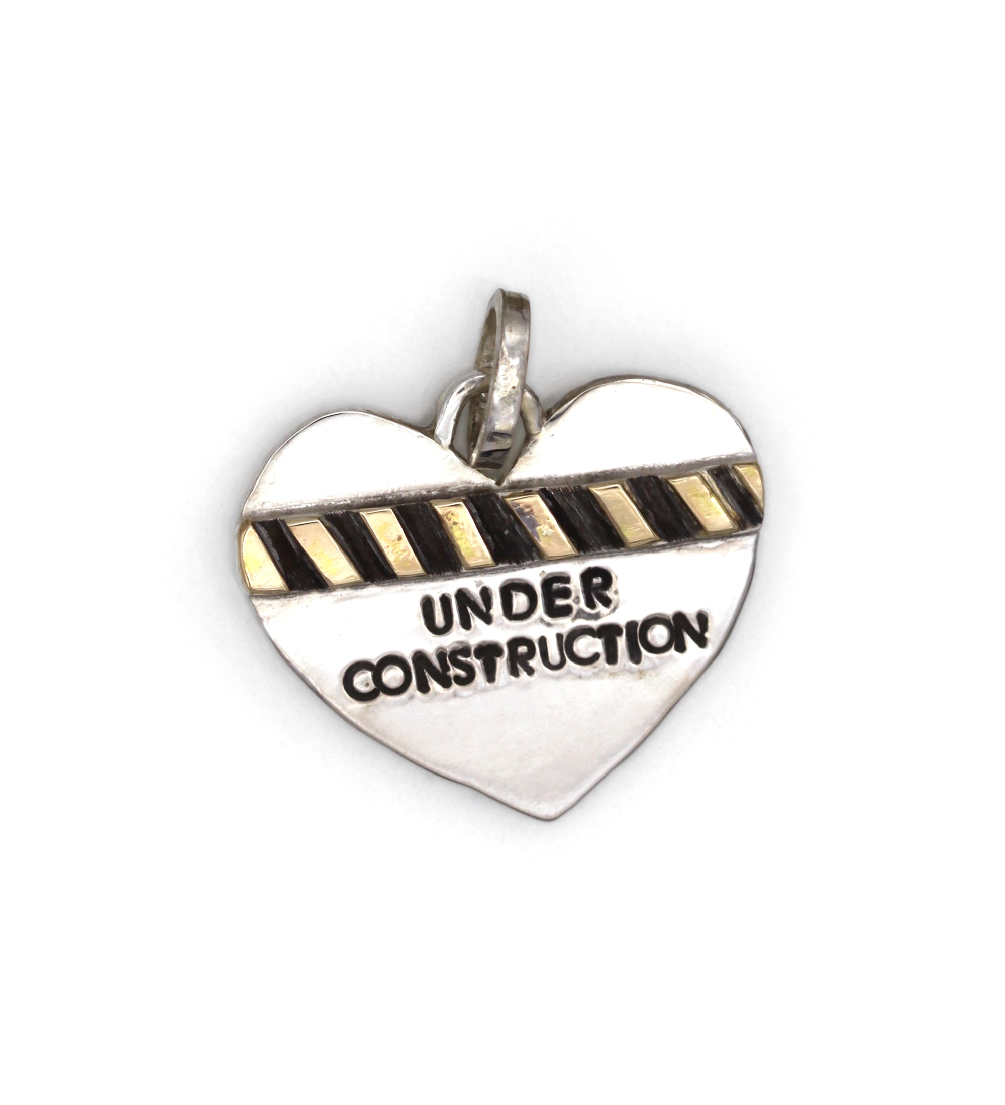 Road Sign Heart Pendant, Large Handmade UNDER CONSTRUCTION Heart Charm in Sterling and 14K