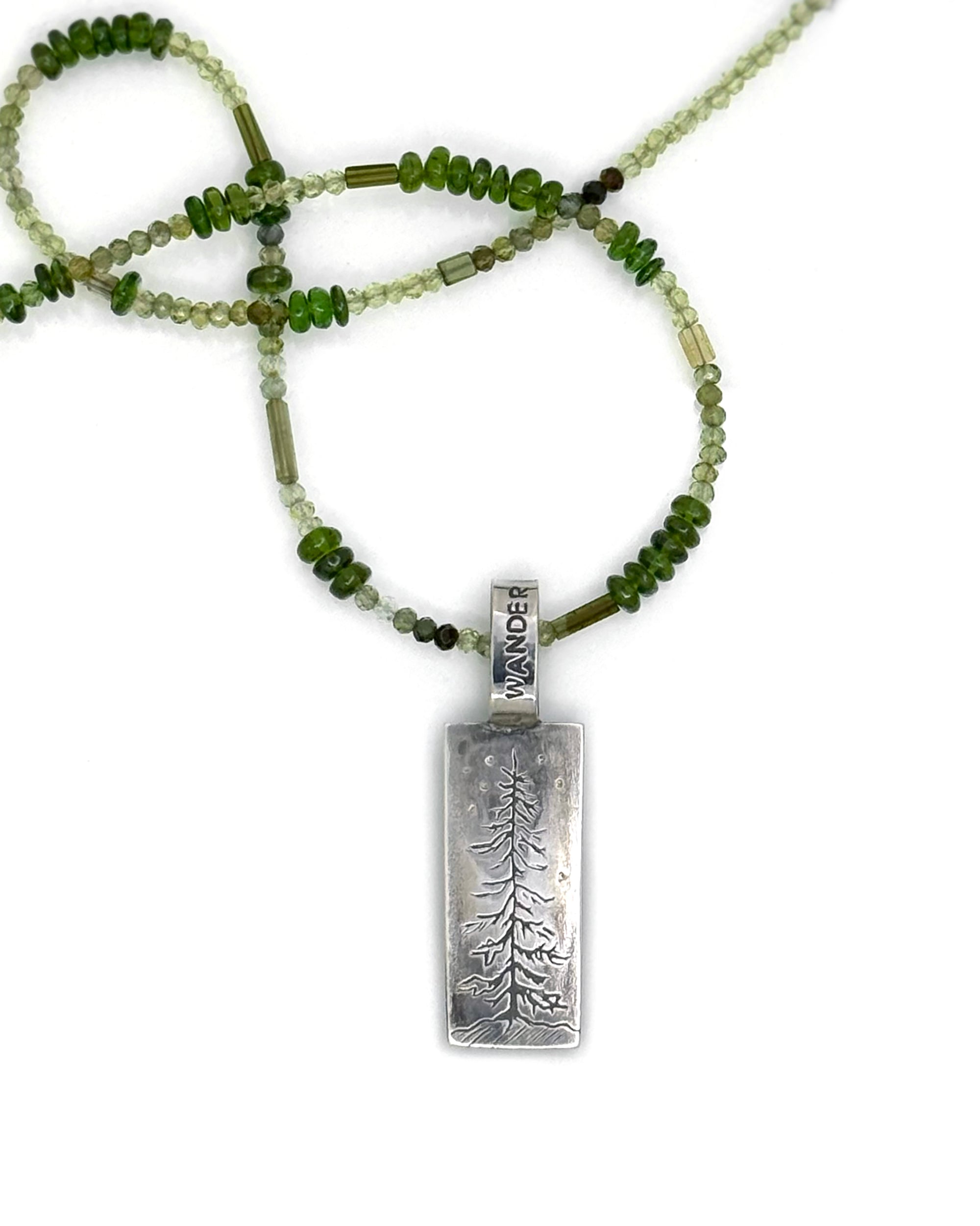 Forest Pine Tree Necklace in Fine Silver, with Chrome Diopside and Tourmaline Chain, One of a Kind