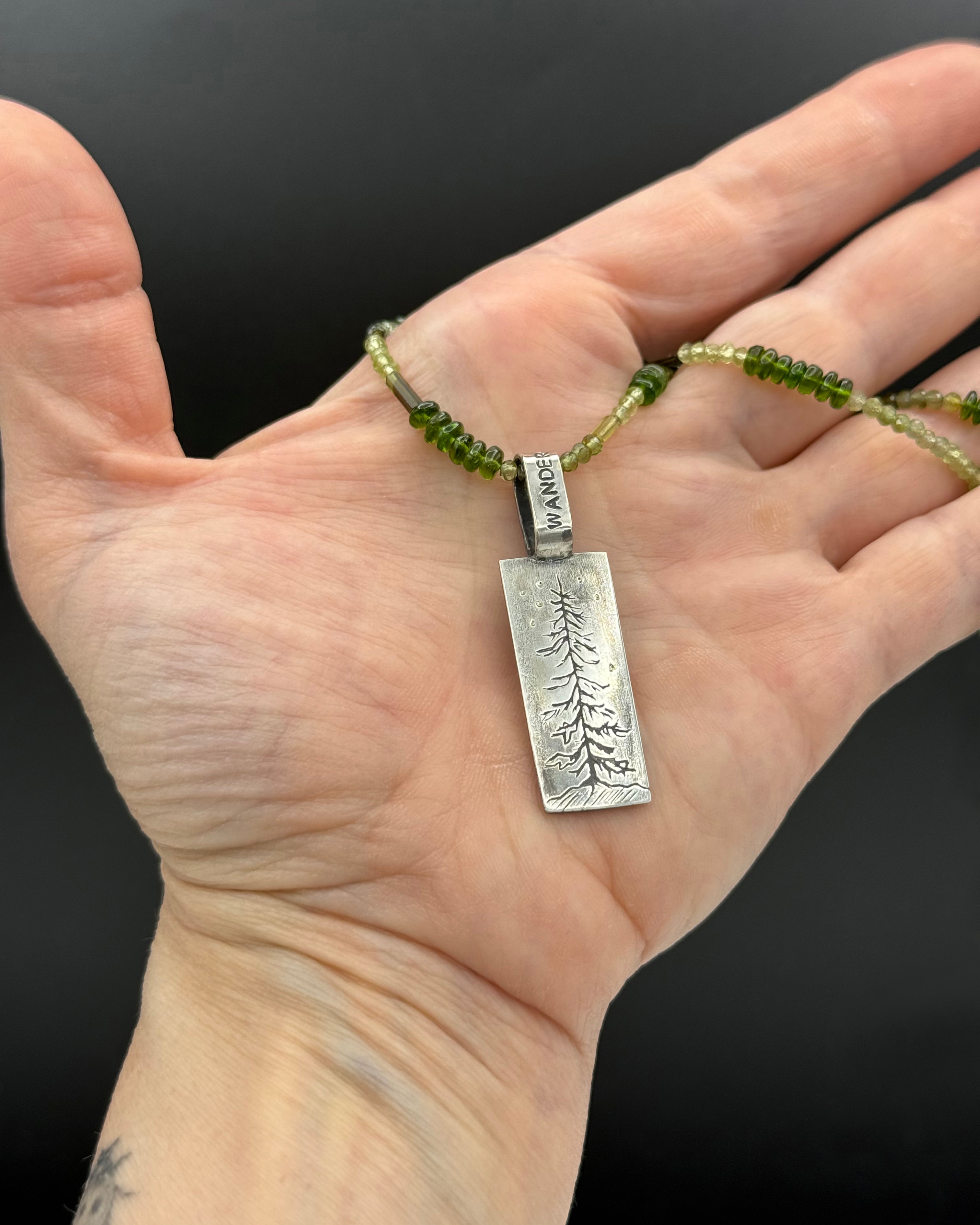 Forest Pine Tree Necklace in Fine Silver, with Chrome Diopside and Tourmaline Chain, One of a Kind
