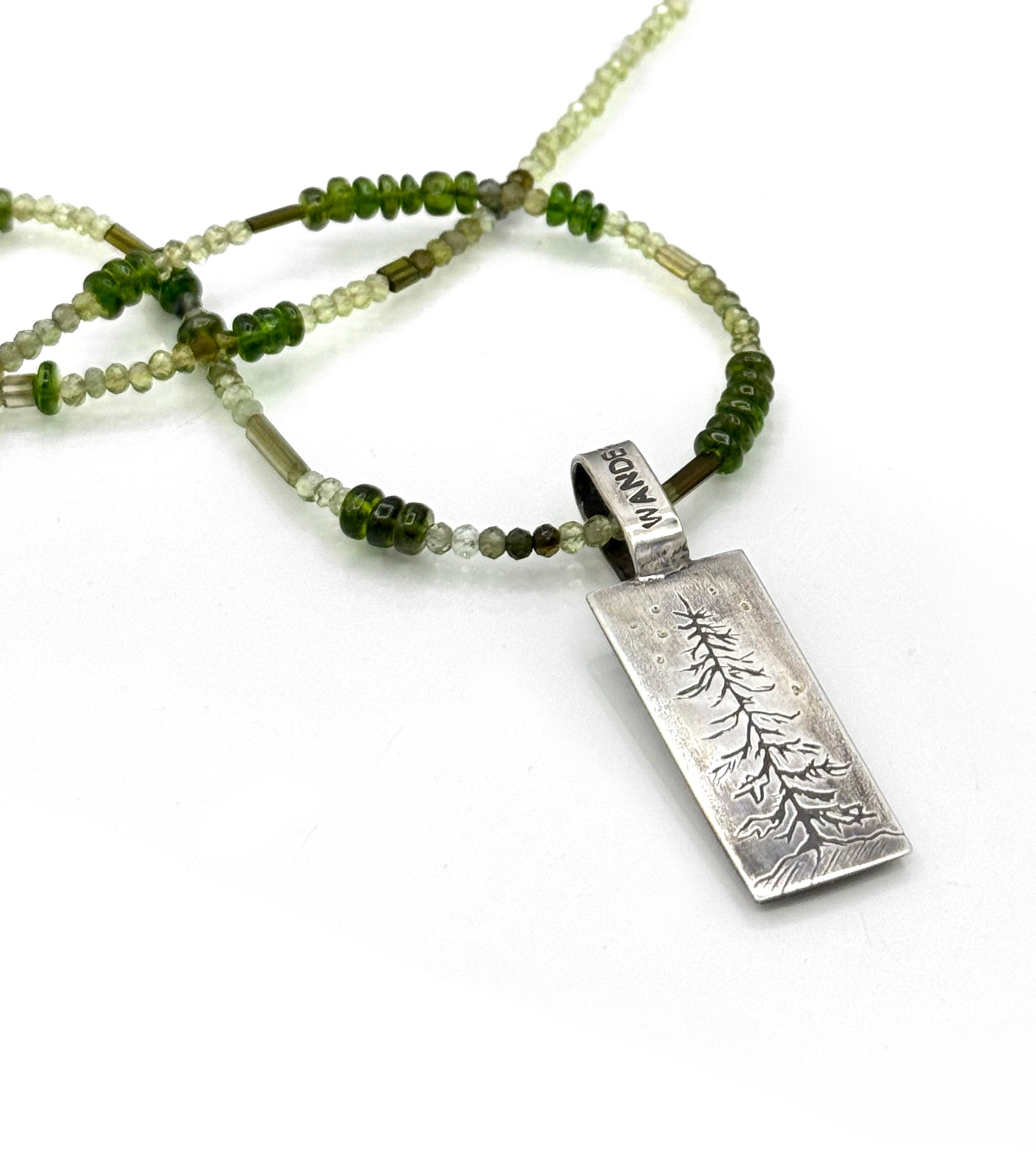 Forest Pine Tree Necklace in Fine Silver, with Chrome Diopside and Tourmaline Chain, One of a Kind