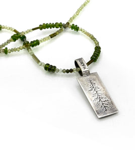 Forest Pine Tree Necklace in Fine Silver, with Chrome Diopside and Tourmaline Chain, One of a Kind