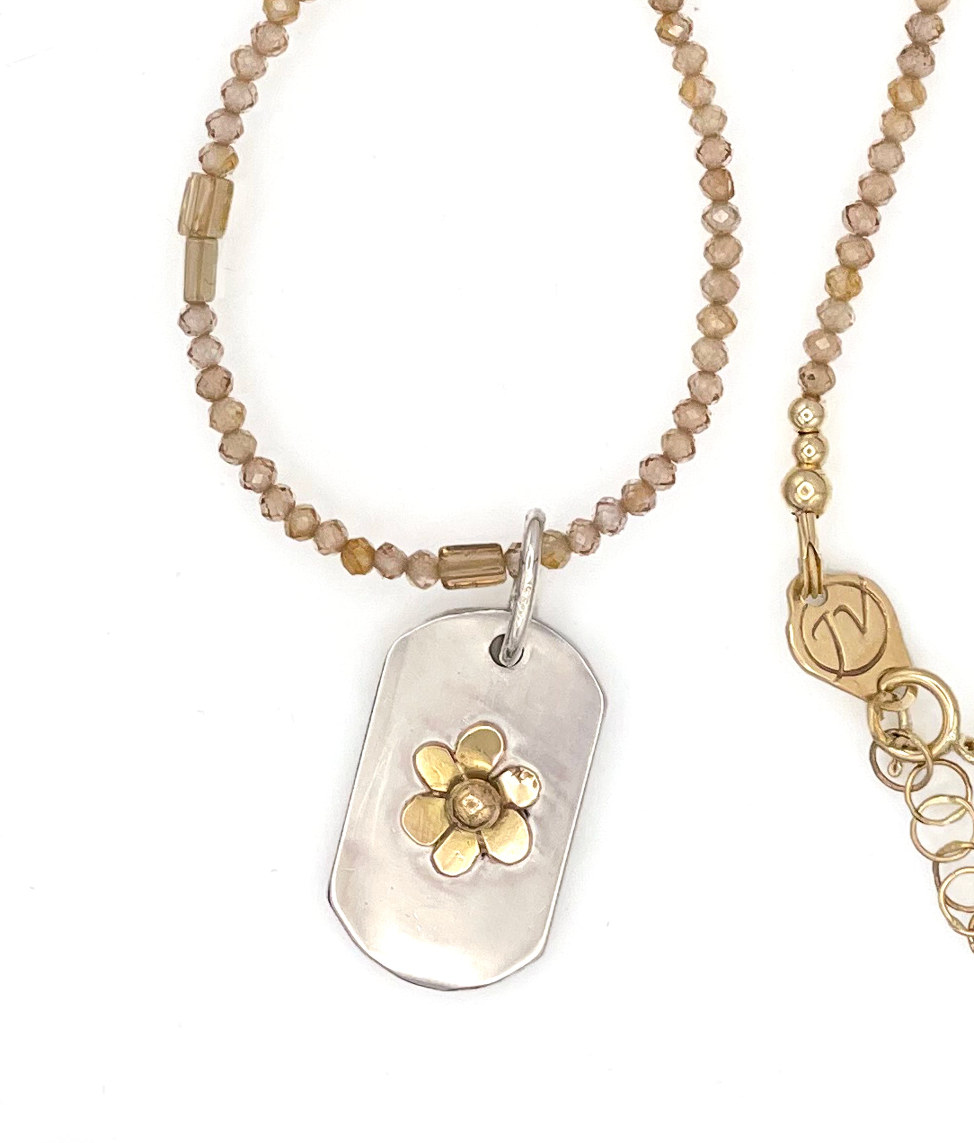 Flower Dog Tag Necklace, Sterling, 14K Flower Necklace, Zircon Chain, one of a kind