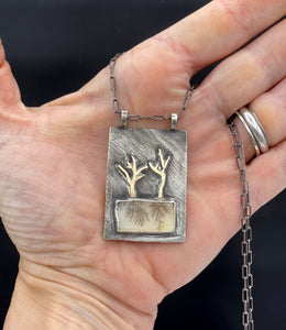Tree Pendant Necklace Dendritic Agate Sterling and 14K