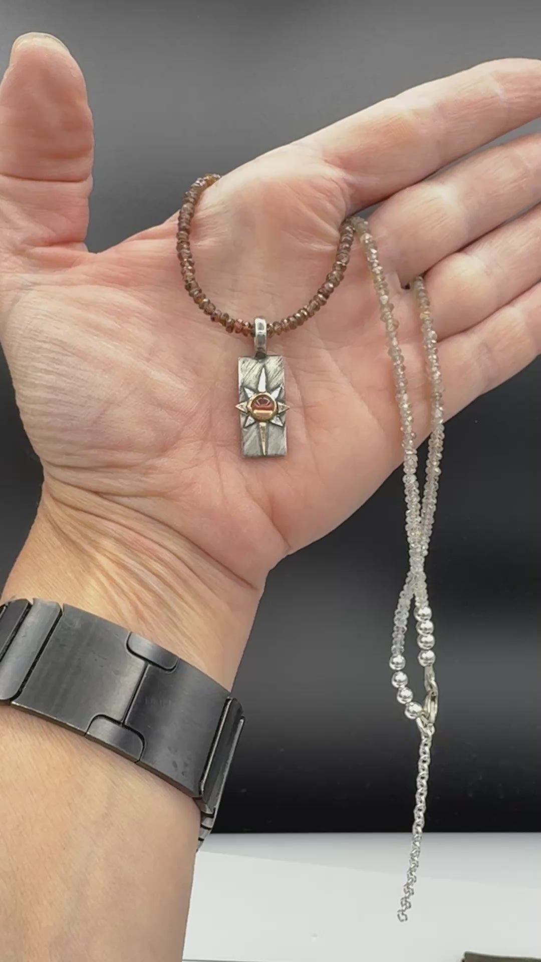 And Still I Rise Sunstone Pendant in Sterling Silver and 14K, with Zircon Chain, One of a Kind