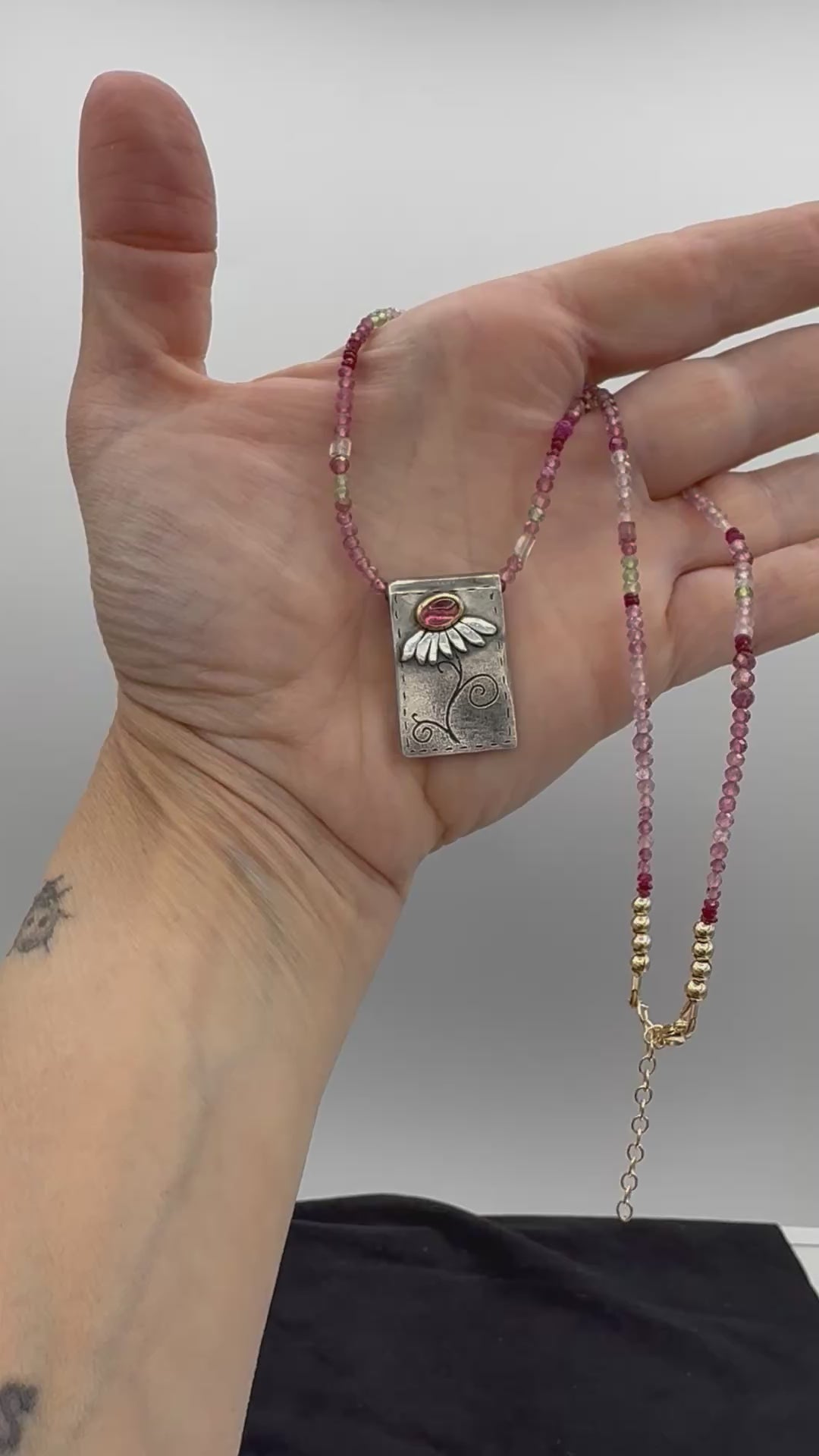 Rubellite Tourmaline Daisy Necklace in Fine Silver, and 14K Solid Gold, with Tourmaline Chain, One of a Kind