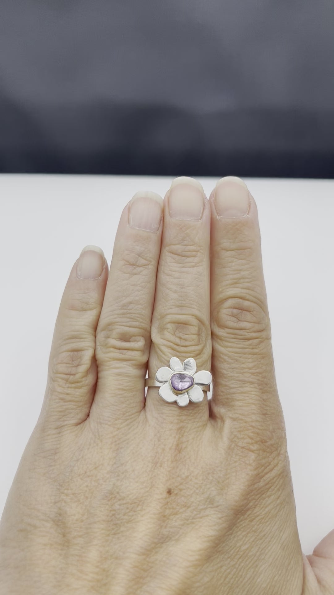 Pink Sapphire Ring, Silver Sapphire Flower Ring, One of a Kind