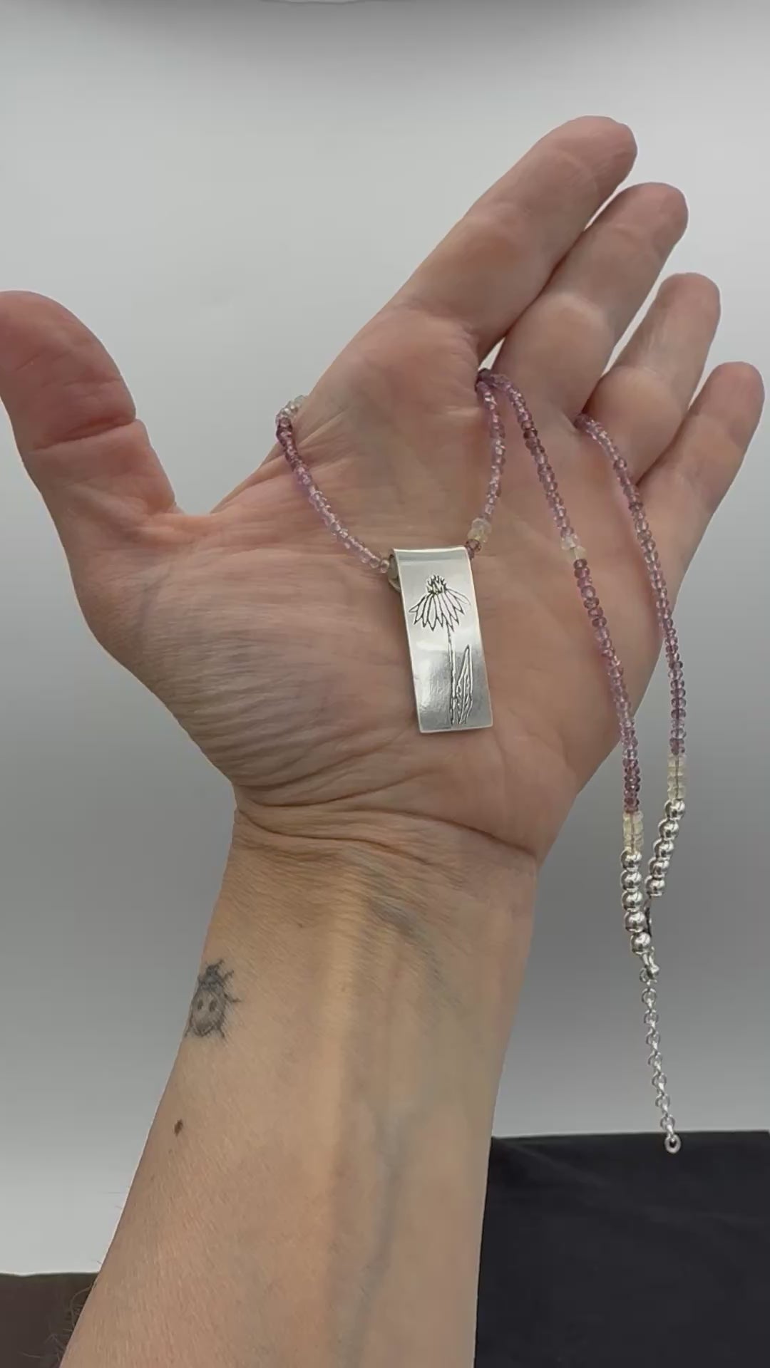 Coneflower Necklace in Fine Silver, with Pink Spinel and Opal Chain, One of a Kind