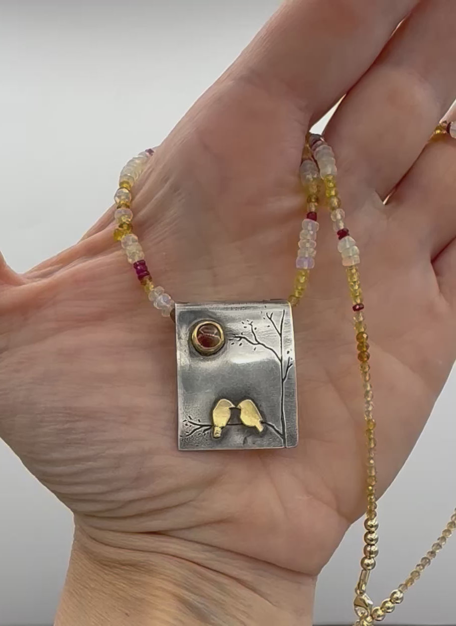 Lovebirds At Sunset Necklace with Sunstone in Fine Silver, and 22K Solid Gold, with Sapphire Chain, One of a Kind