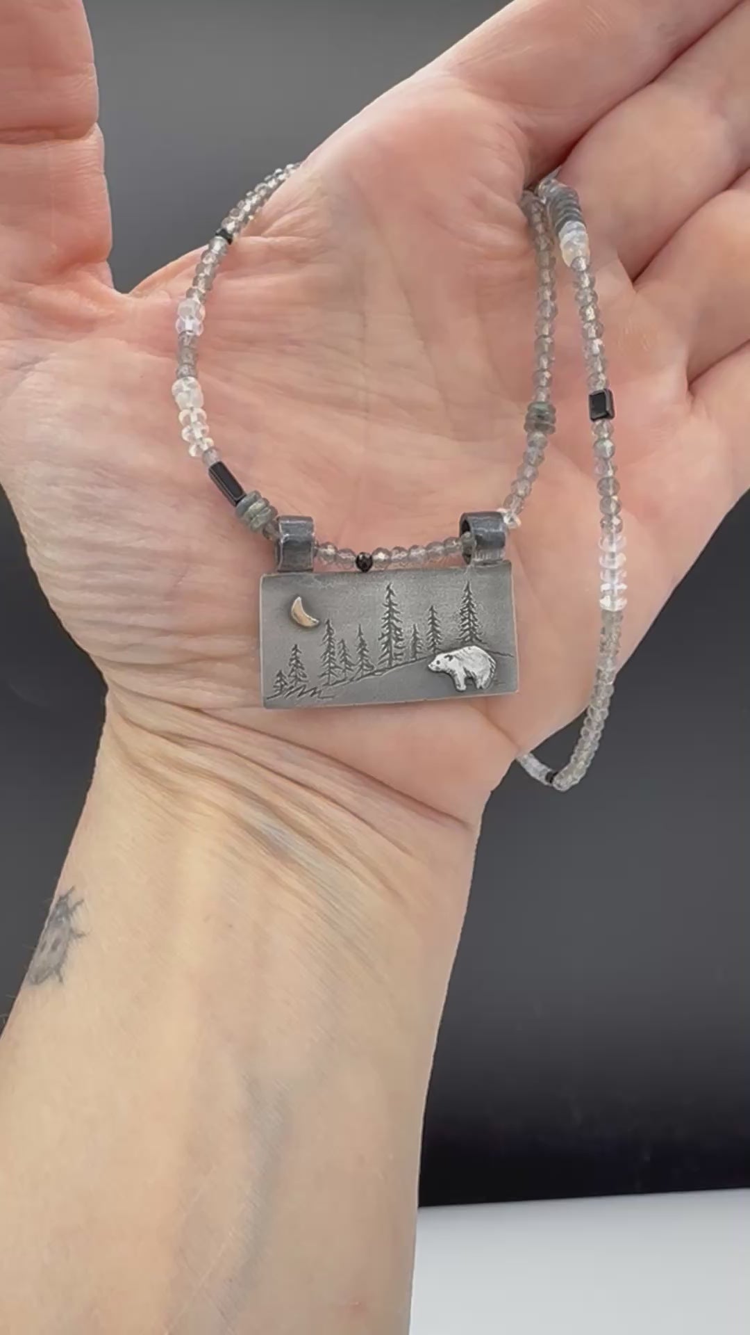 Bear Necklace in Fine Silver and 14K, with Labradorite and Moonstone Chain, One of a Kind