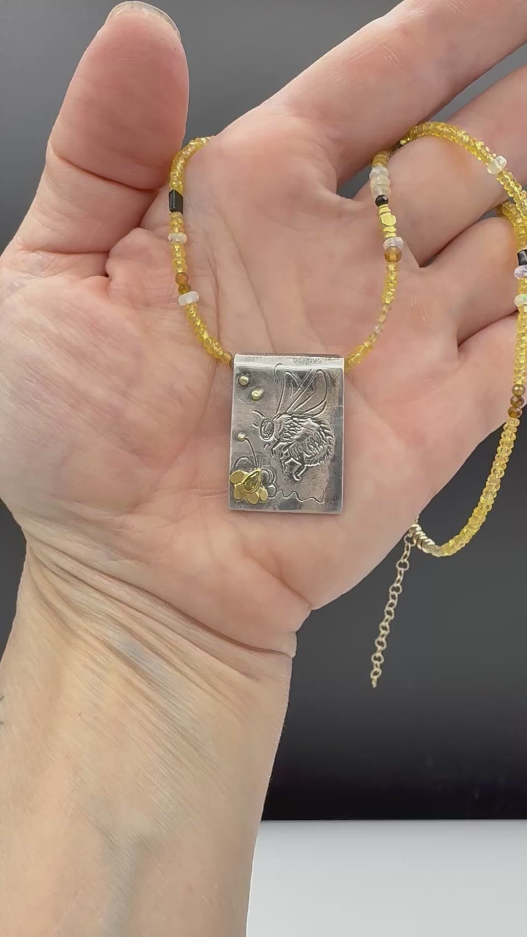 Bumblebee and Yellow Diamond Necklace in Fine Silver, and 14K Solid Gold, with Sapphire Chain, One of a Kind