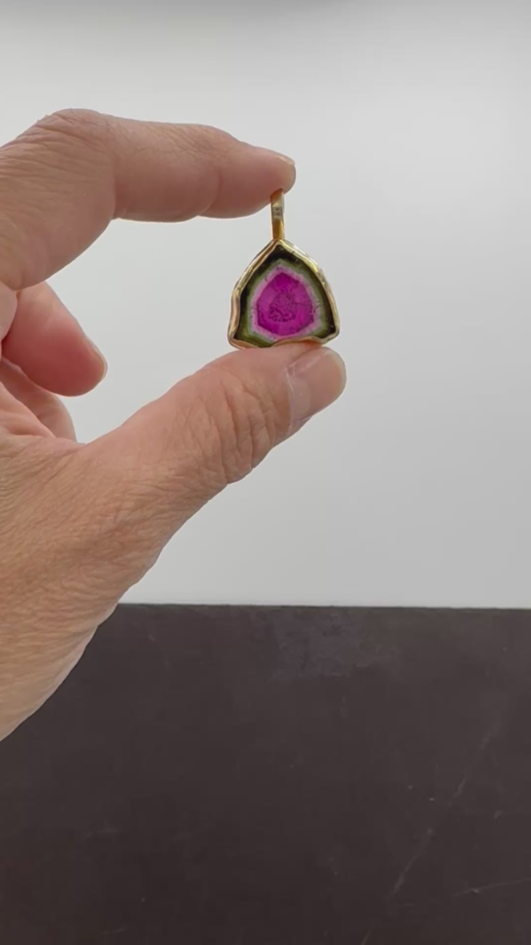 14K Watermelon Tourmaline Pendant, Large Tourmaline Slice, Solid Gold