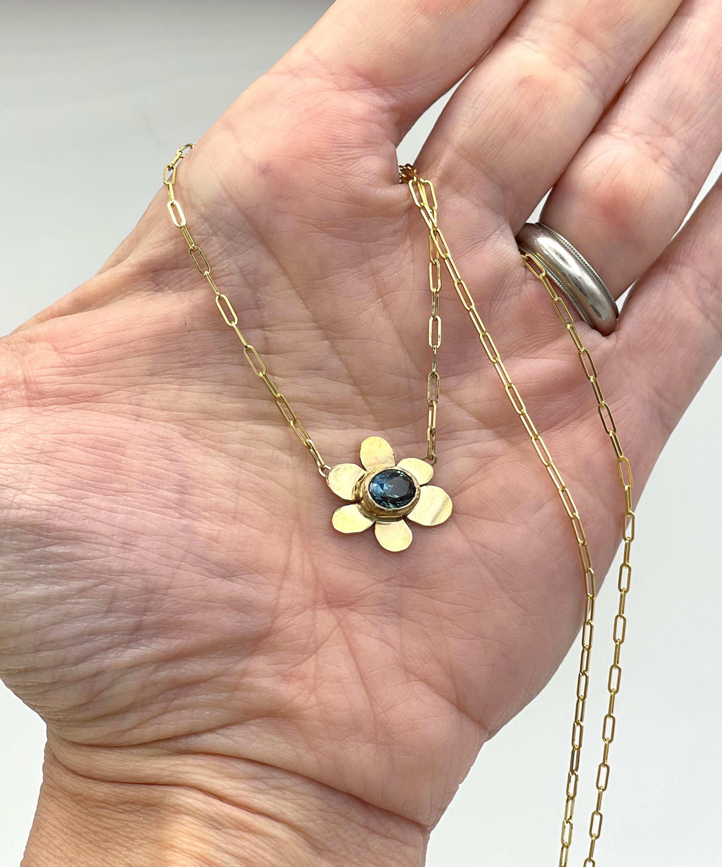 Blue Sapphire Flower Necklace, 14K Solid Yellow Gold