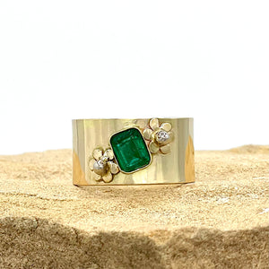14K Emerald Ring, Wide Band Ring, Wide Emerald Ring, May birthstone