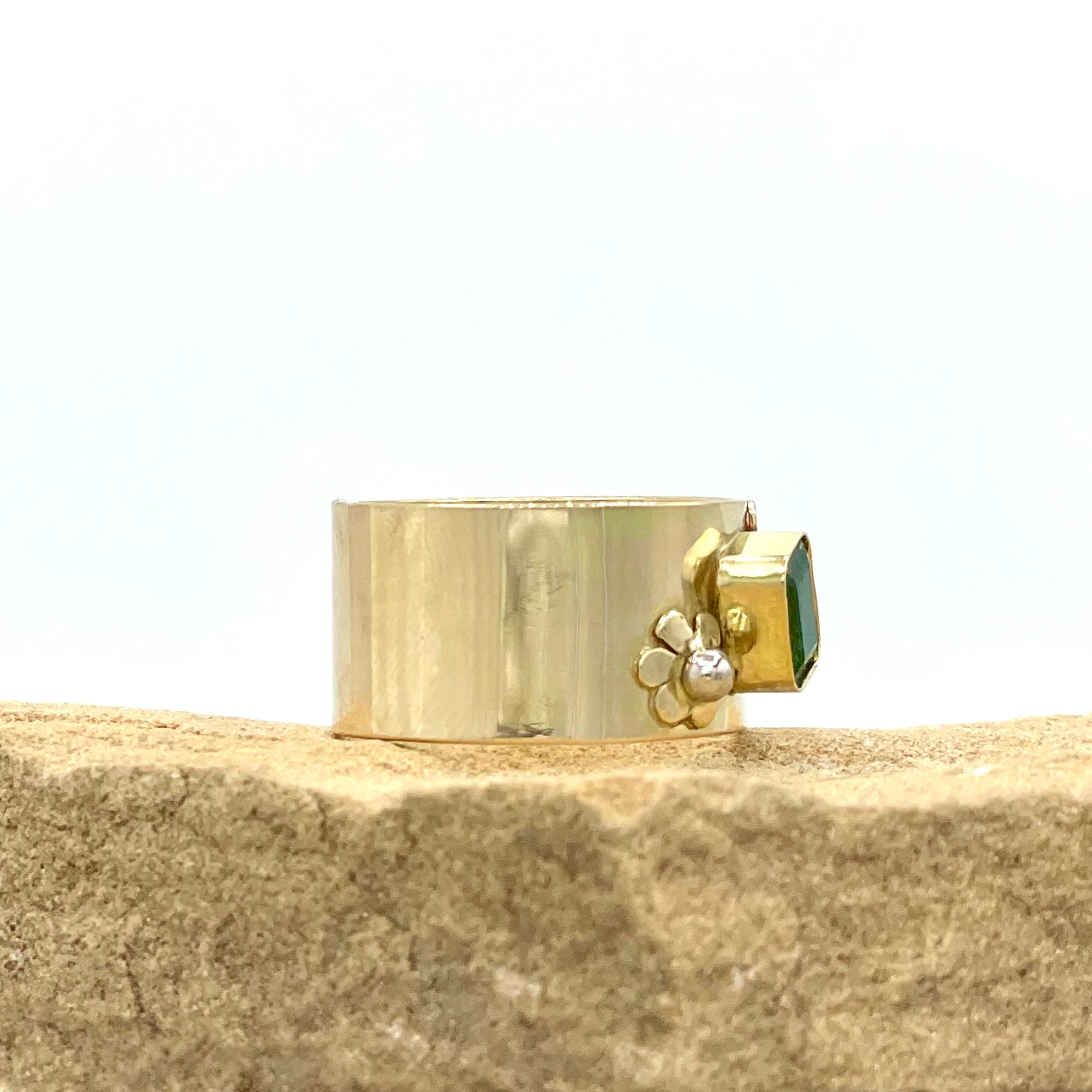 14K Emerald Ring, Wide Band Ring, Wide Emerald Ring, May birthstone