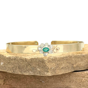 14K Emerald Cuff Bracelet, Solid gold emerald flower bracelet, one of a kind