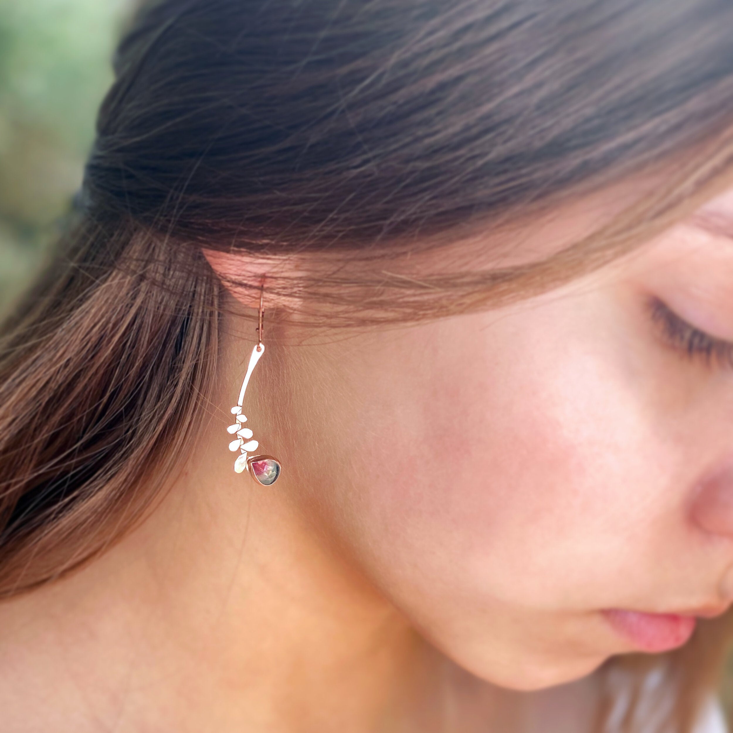14K Blue Pink Tourmaline Flower Earrings, SOLID Rose Gold One of a kind