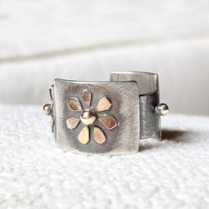 Flower Ring, Wide Band, Silver and 14K Solid Gold, One of a kind