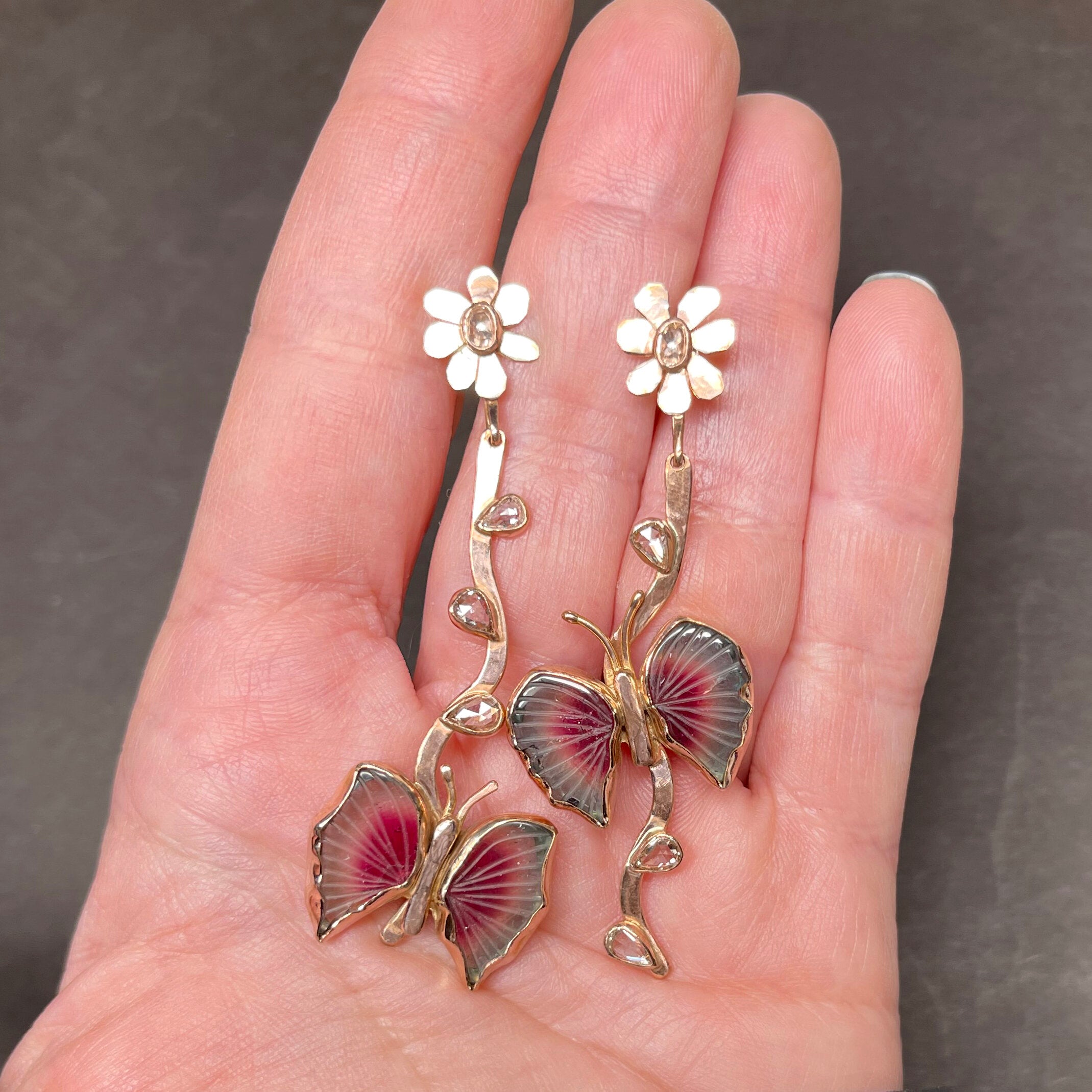 14K Tourmaline Butterfly and Diamond Earrings, Solid Rose Gold, One of a Kind Jewelry
