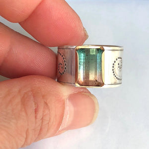 14K Bicolor Tourmaline Statement Ring, Wide Ring, Yellow Gold Fine Silver