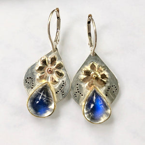 14K Moonstone Earrings, Dangle Flower Earrings, One of a kind, 14K Fine Silver