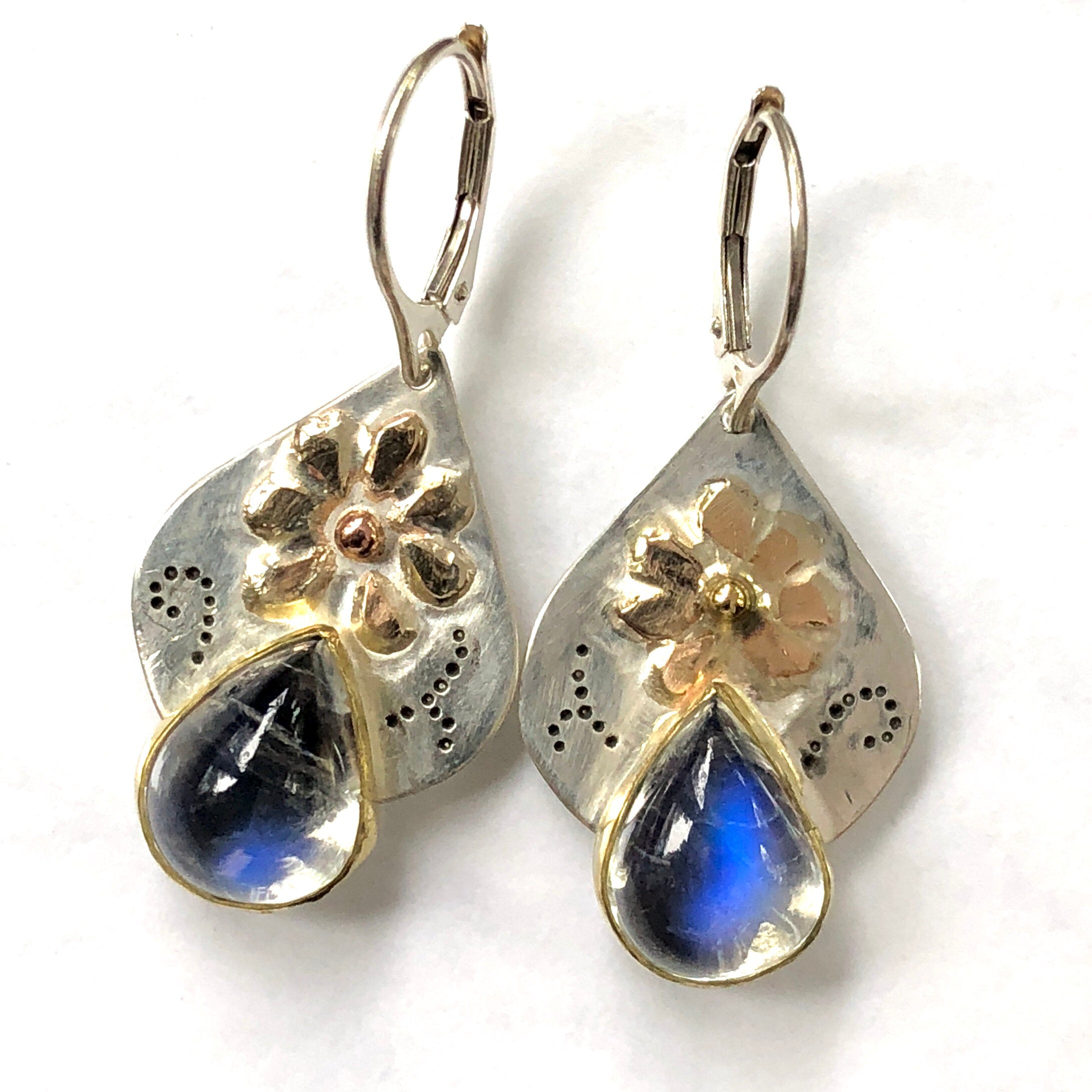 14K Moonstone Earrings, Dangle Flower Earrings, One of a kind, 14K Fine Silver