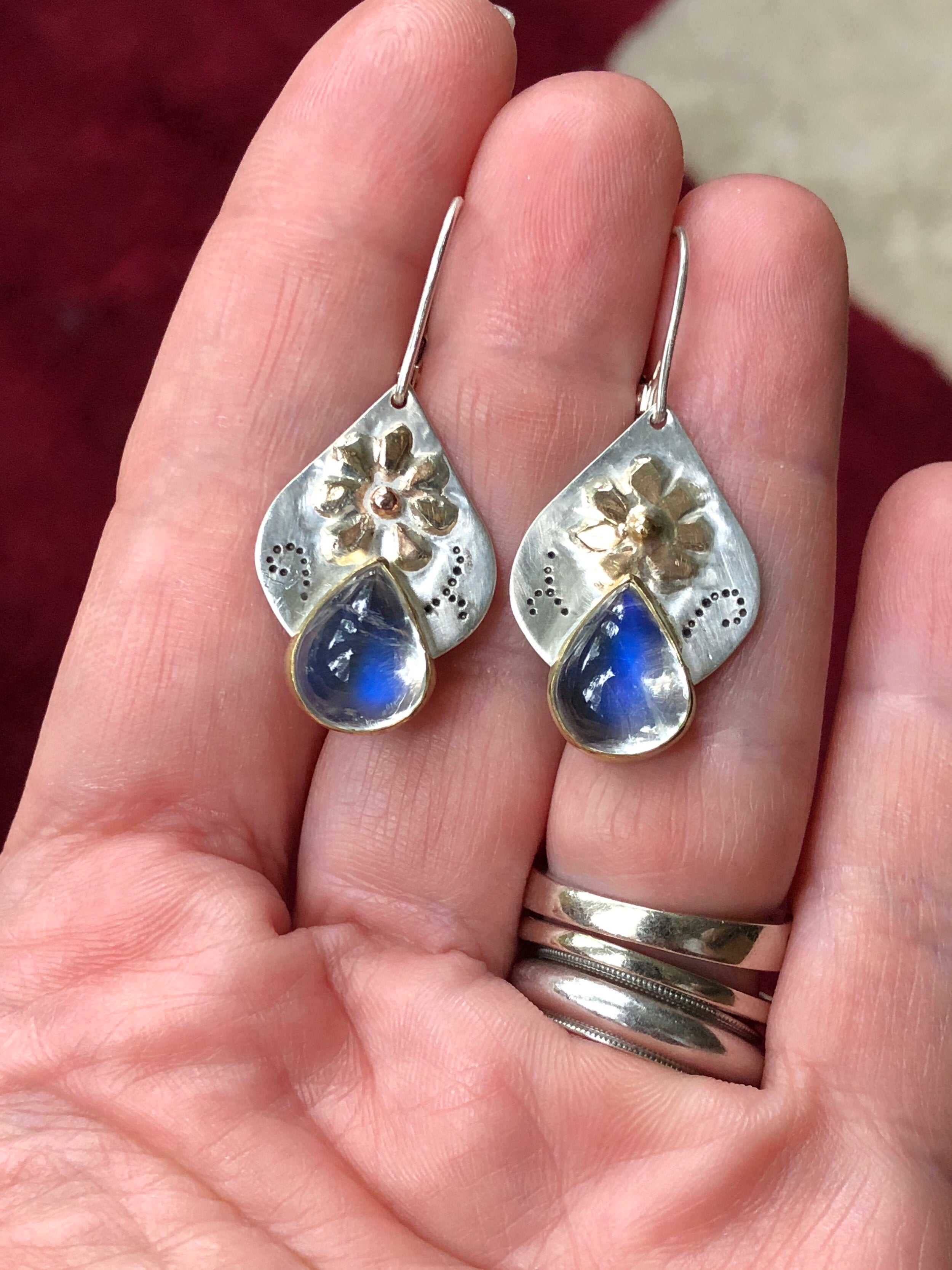 14K Moonstone Earrings, Dangle Flower Earrings, One of a kind, 14K Fine Silver