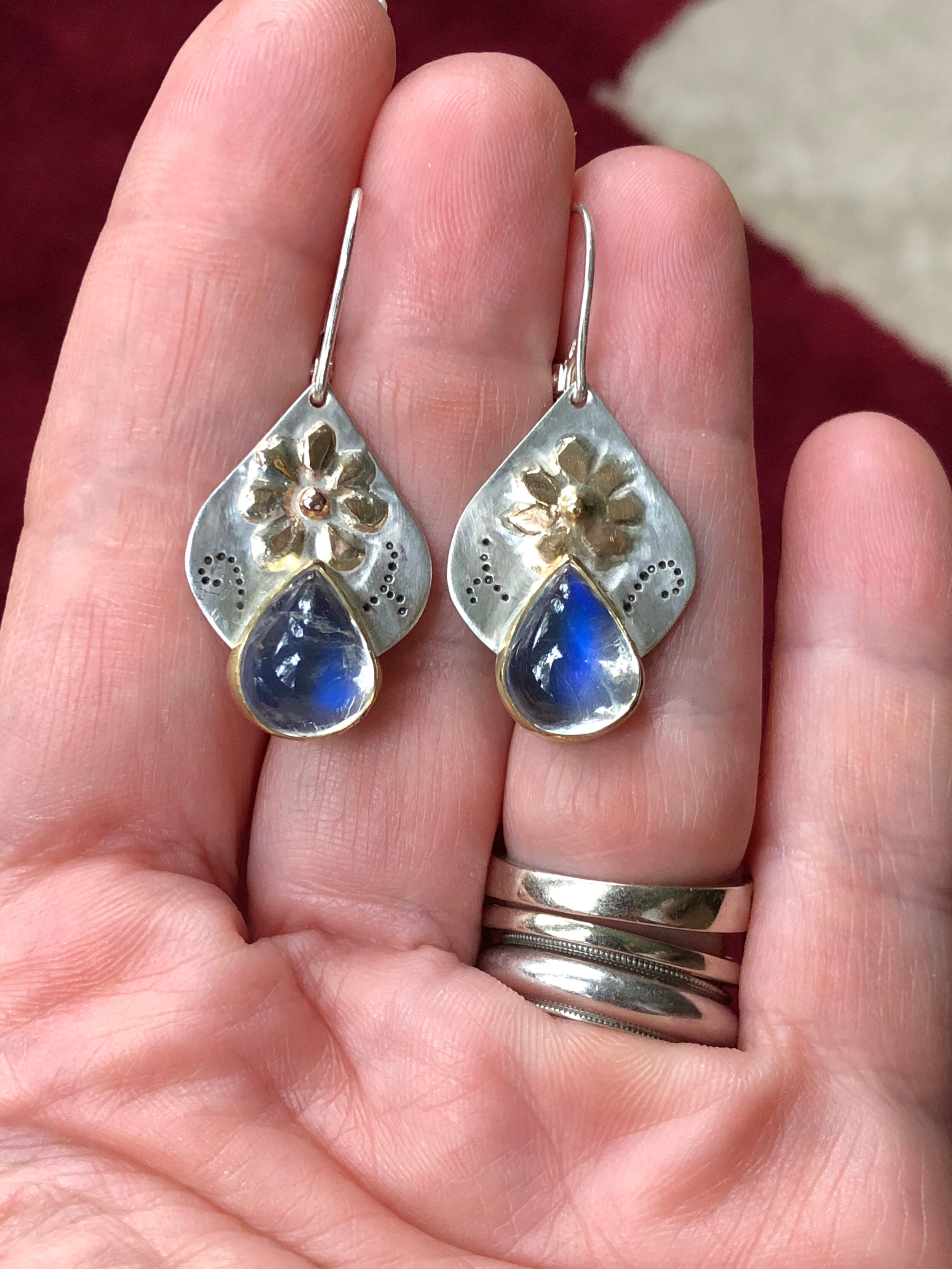 14K Moonstone Earrings, Dangle Flower Earrings, One of a kind, 14K Fine Silver