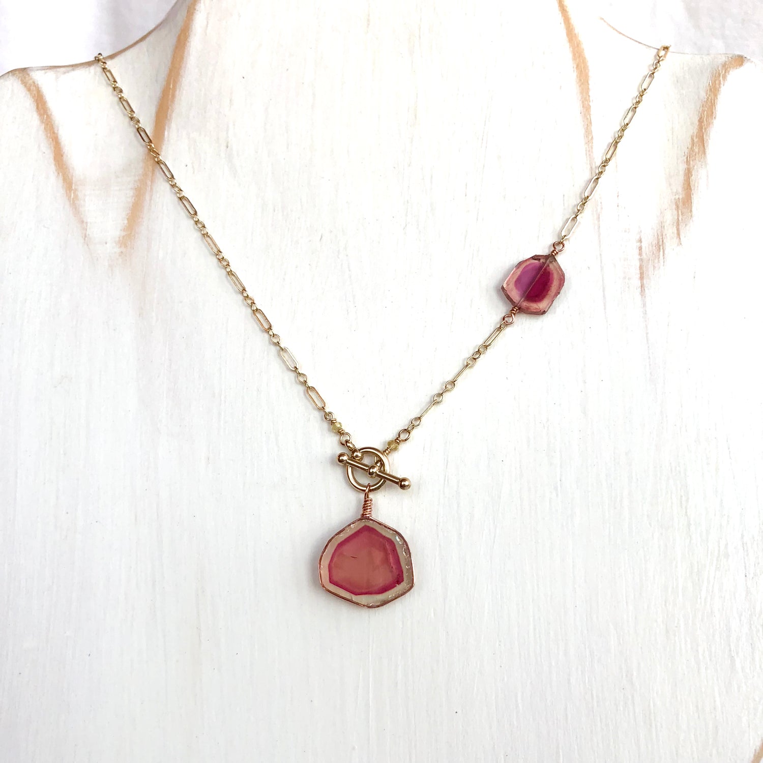 14K Watermelon Tourmaline Necklace, Solid Gold, One of a Kind