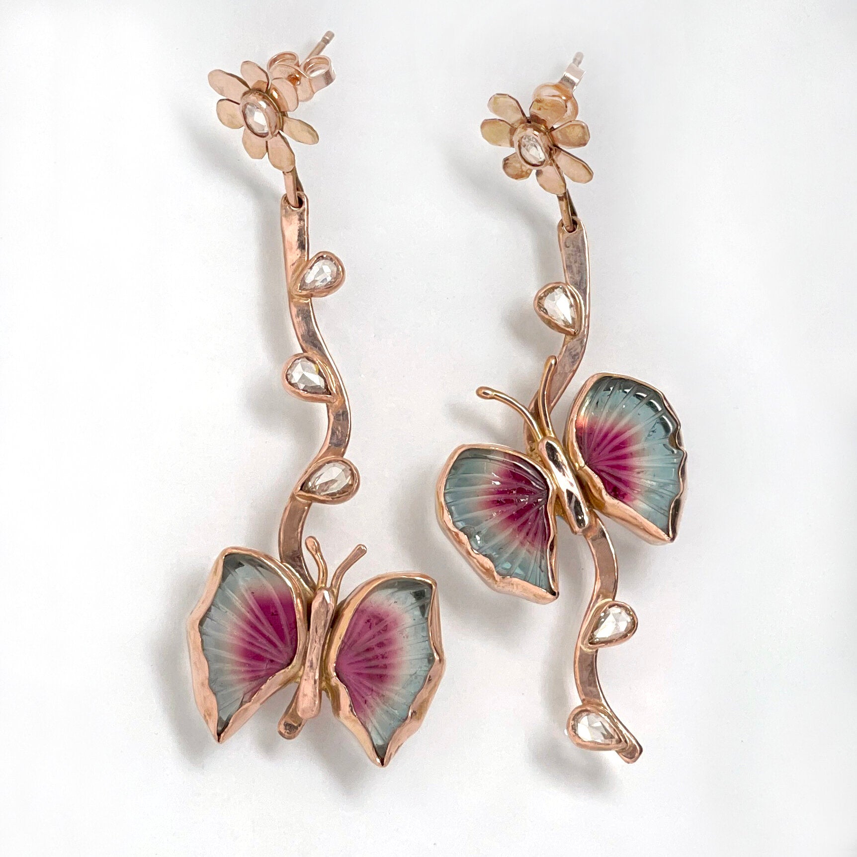 14K Tourmaline Butterfly and Diamond Earrings, Solid Rose Gold, One of a Kind