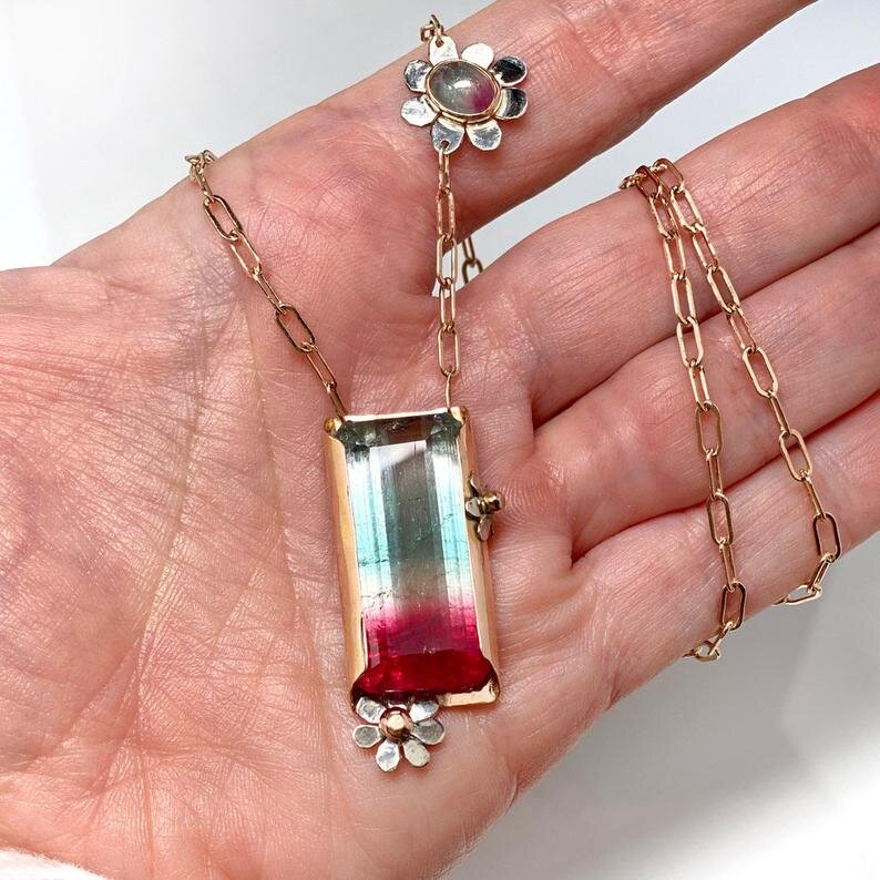 14K Blue Pink Tourmaline Necklace, Solid Gold Necklace, One of a Kind Luxury