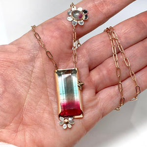 14K Blue Pink Tourmaline Necklace, Solid Gold Necklace, One of a Kind Luxury