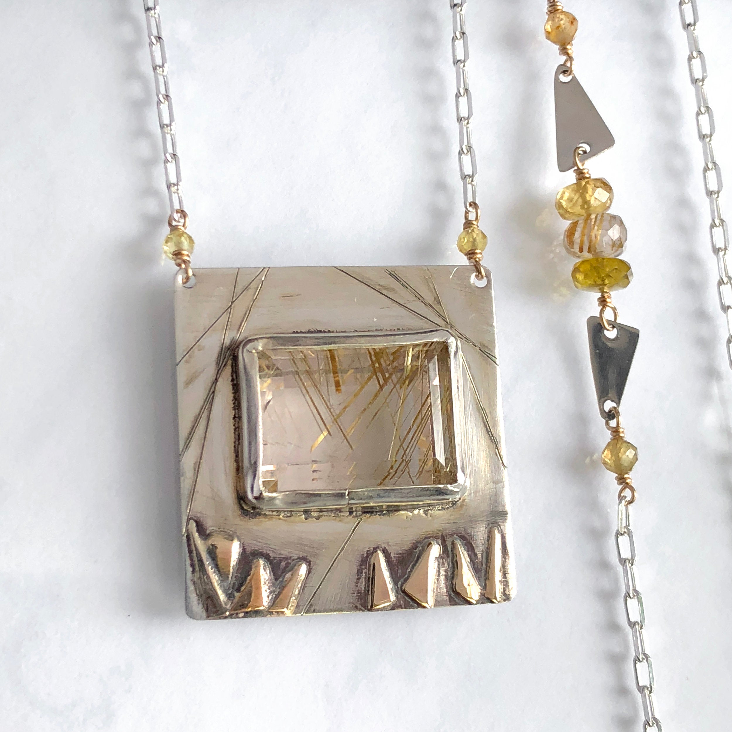 Rutilated Quartz Necklace, Solid Sterling and 14K Solid Gold, One of a kind