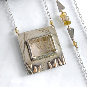 Rutilated Quartz Necklace, Solid Sterling and 14K Solid Gold, One of a kind