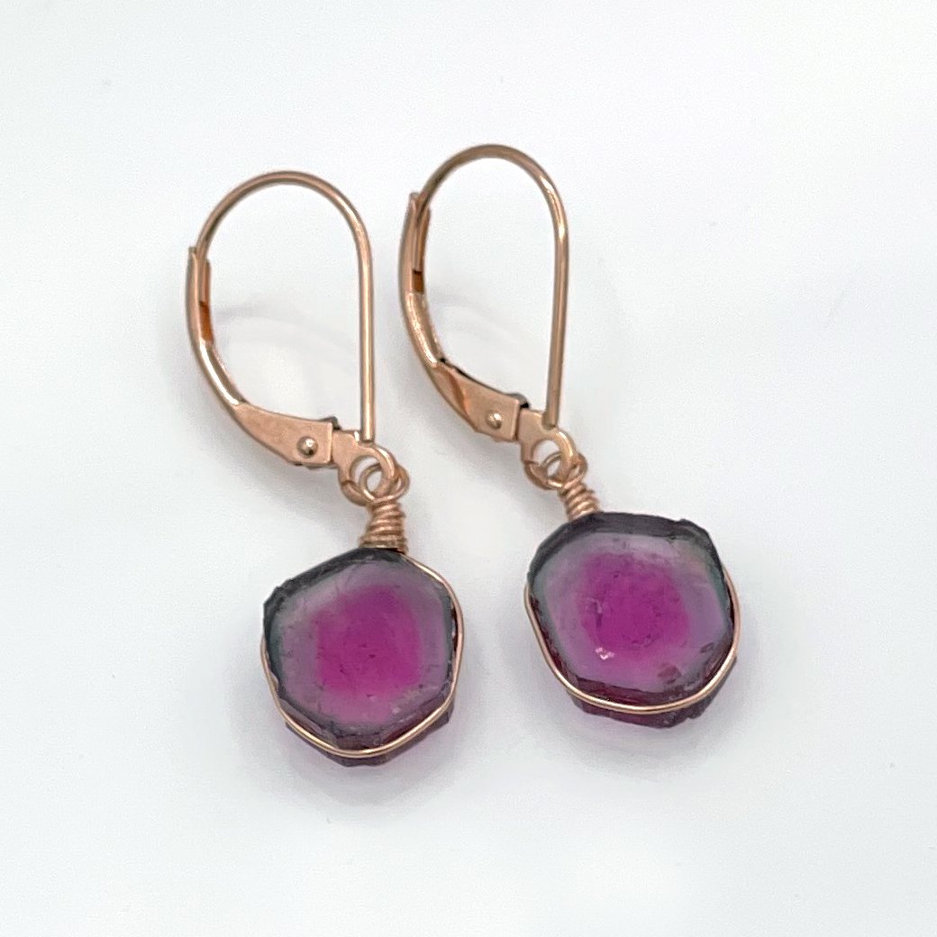 14K Watermelon Tourmaline Earrings, SOLID Rose Gold, One of a kind