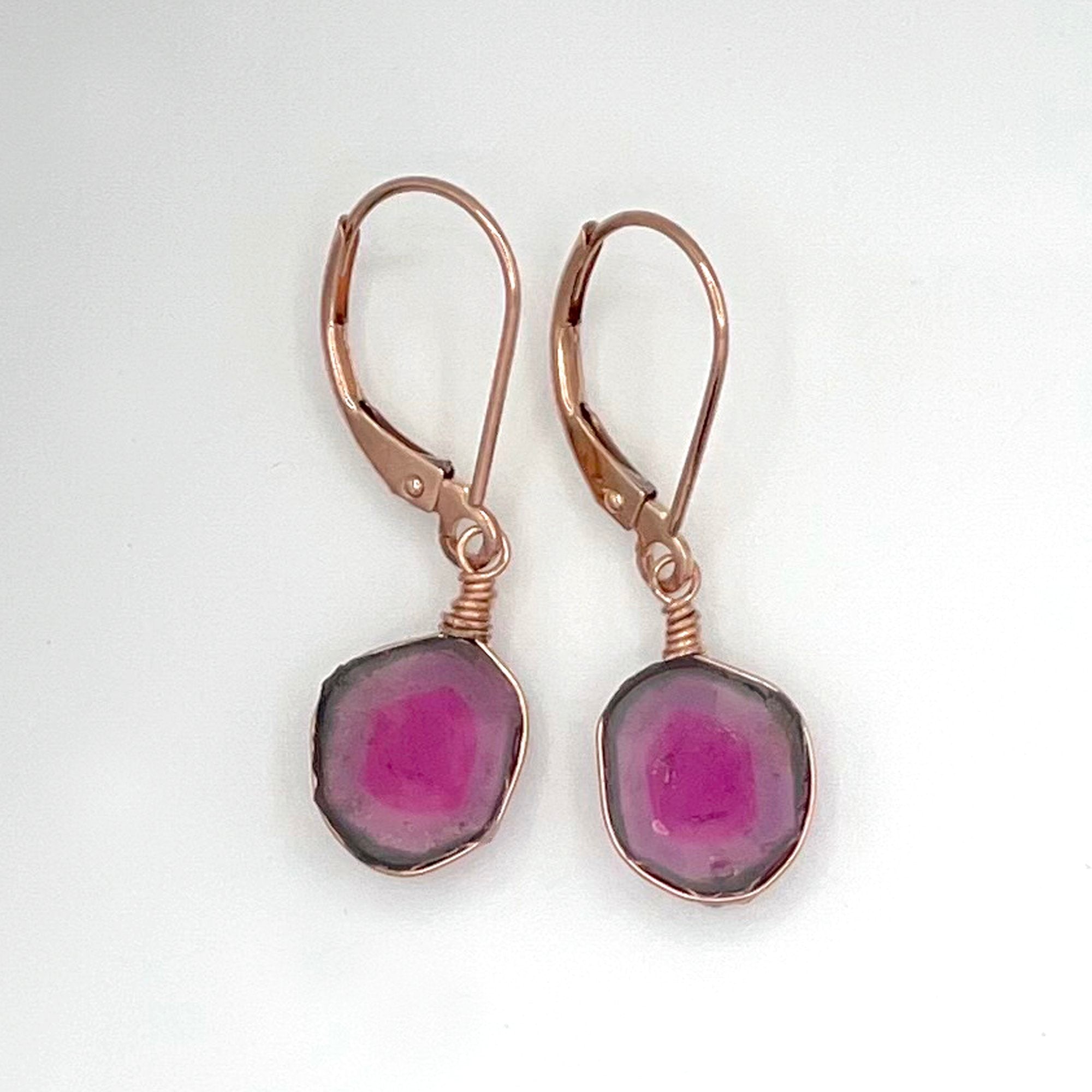 14K Watermelon Tourmaline Earrings, SOLID Rose Gold, One of a kind