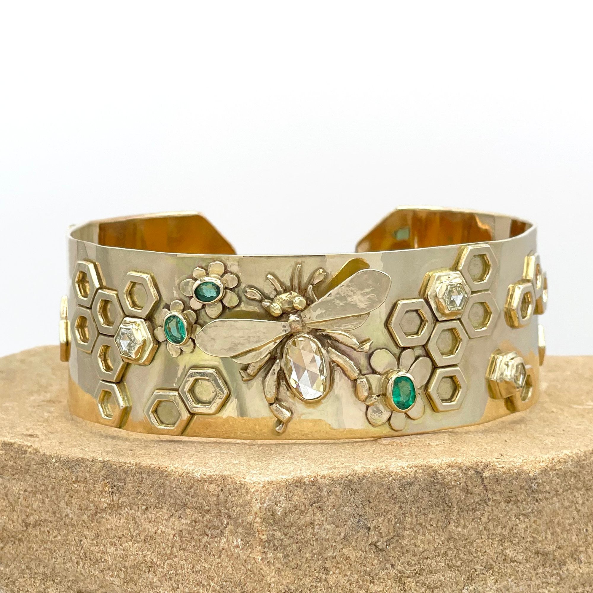 Diamond and Emerald Bumble Bee Cuff Bracelet, 14K Solid Gold, One of A Kind