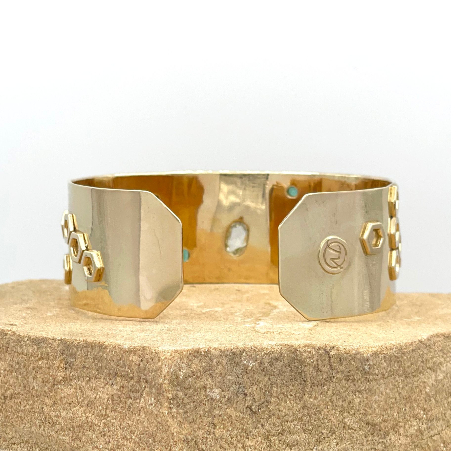 Diamond and Emerald Bumble Bee Cuff Bracelet, 14K Solid Gold, One of A Kind