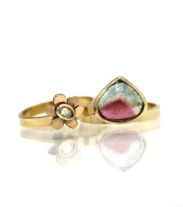 14K Blue Pink Tourmaline Ring Diamond Flower Ring SET, Solid Yellow gold