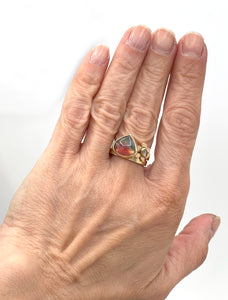 14K Blue Pink Tourmaline Ring Diamond Flower Ring SET, Solid Yellow gold