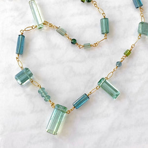 18K Blue Tourmaline Necklace, Blue Bicolor Gemstone Necklace, SOLID Gold