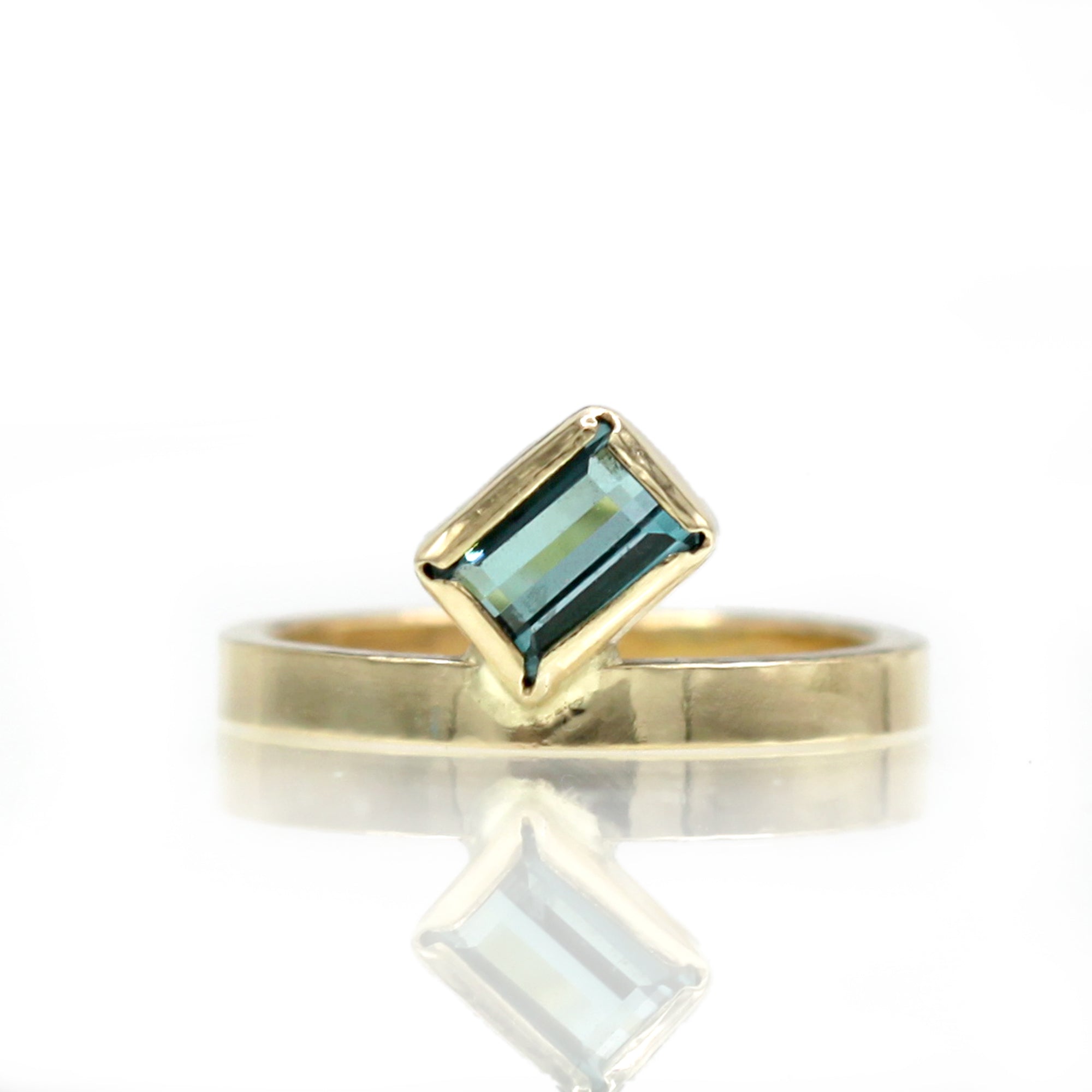 14K Blue Tourmaline Ring, Geometric Tourmaline ring, SOLID Yellow Gold