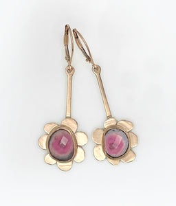 14K Tourmaline Earrings, Blue Pink Tourmaline Flower Earrings, Solid Gold