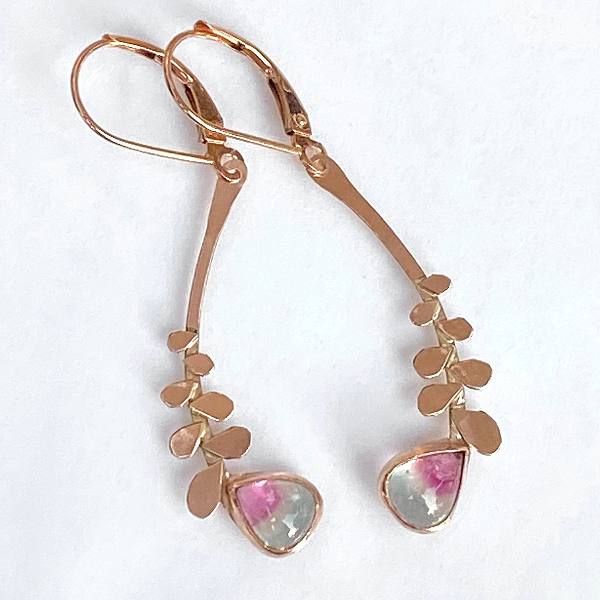 14K Blue Pink Tourmaline Flower Earrings, SOLID Rose Gold One of a kind