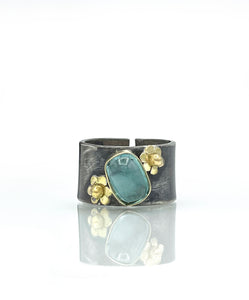 Blue Tourmaline Flower Ring, Wide Band 14K Solid Yellow Gold & Sterling Ring