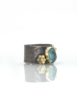 Blue Tourmaline Flower Ring, Wide Band 14K Solid Yellow Gold & Sterling Ring