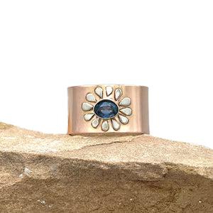 14K Montana Sapphire Ring, Flower Wide Ring, One of a Kind, SOLID Gold