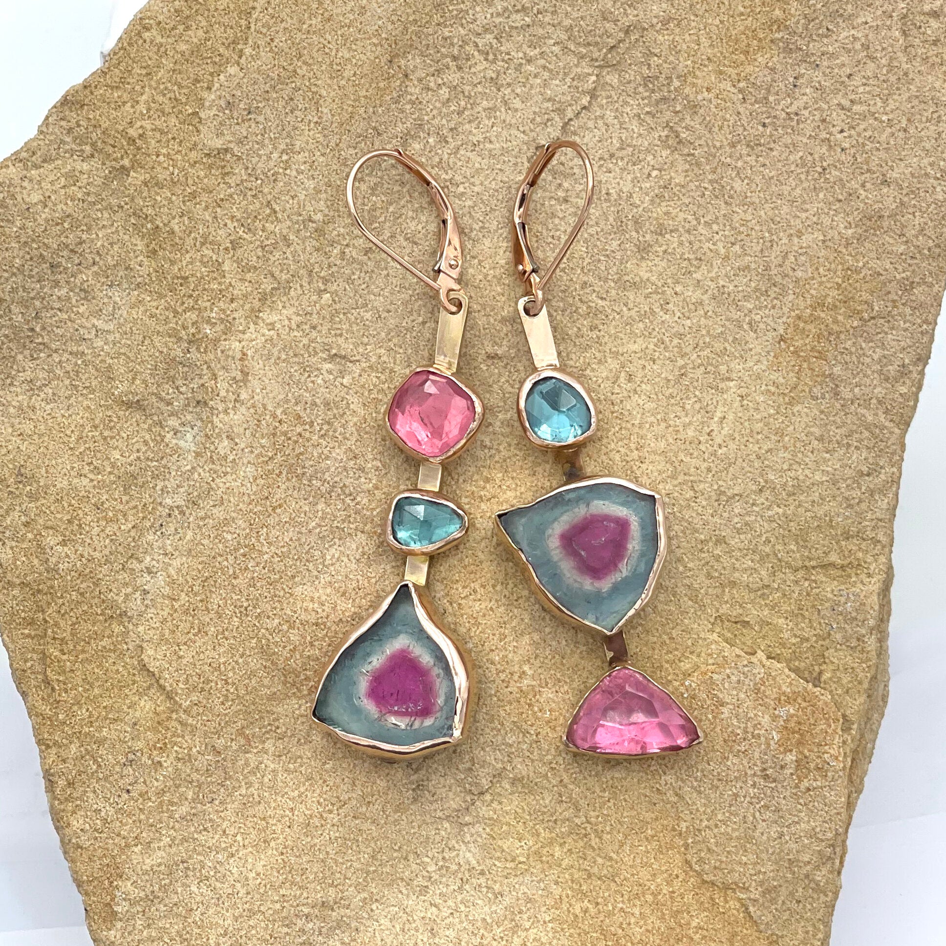 Pink Earrings for Girls with Geometric Design - Gold Plated Modern Earrings  - Gift for Girls - Pastel Pyramids Long Earrings by Blingvine